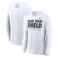 T-shirt à manches longues Nike blanc Michigan State Spartans 2025 pour homme, fan de football, « Raise Your Shield »