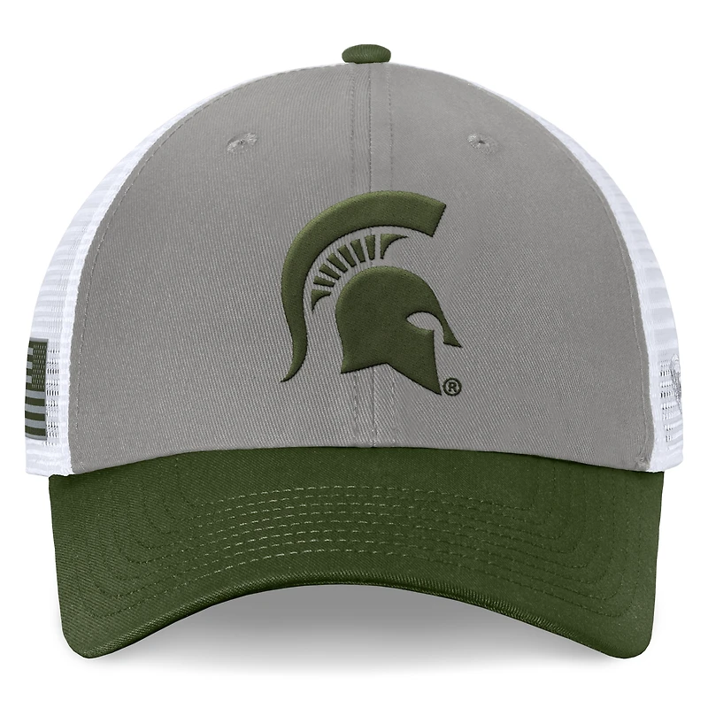 Men's Top of the World Gray/Green Michigan State Spartans OHT Military Appreciation Badge Trucker Adjustable Hat