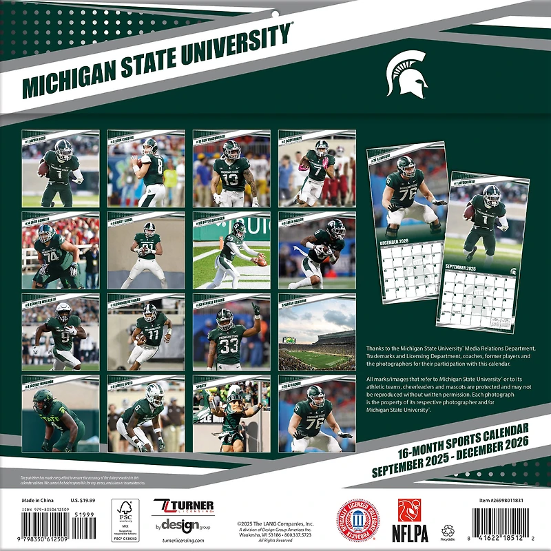 Calendrier mural 2026 des Spartans de l'État du Michigan (12 po x 12 po)