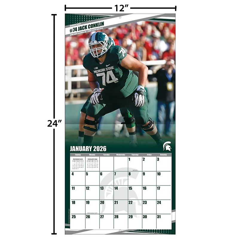 Calendrier mural 2026 des Spartans de l'État du Michigan (12 po x 12 po)