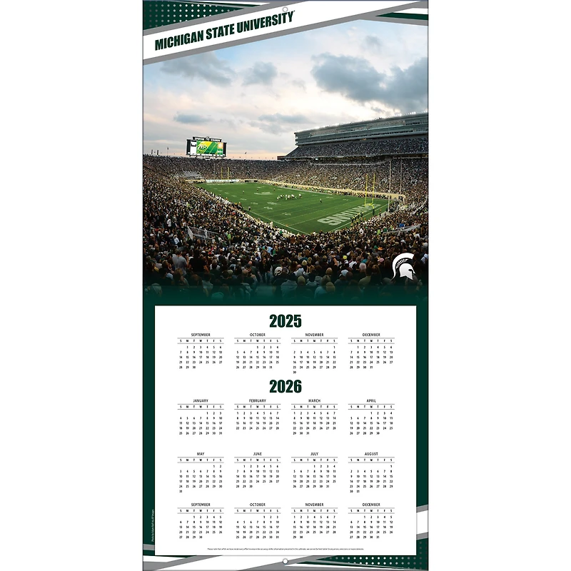 Calendrier mural 2026 des Spartans de l'État du Michigan (12 po x 12 po)