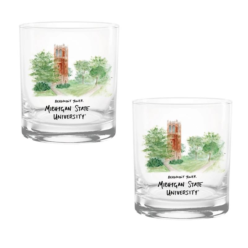 Lot de 2 verres à whisky aquarelles Laura Wilcox des Spartans de l'État du Michigan, 14 oz