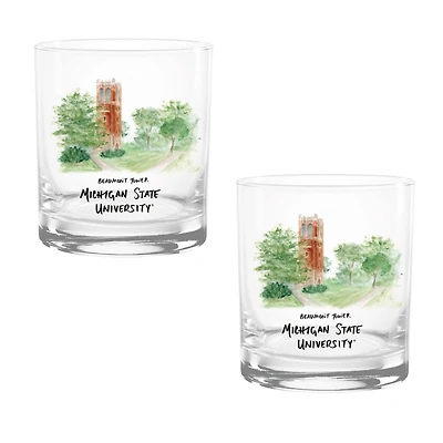 Lot de 2 verres à whisky aquarelles Laura Wilcox des Spartans de l'État du Michigan, 14 oz