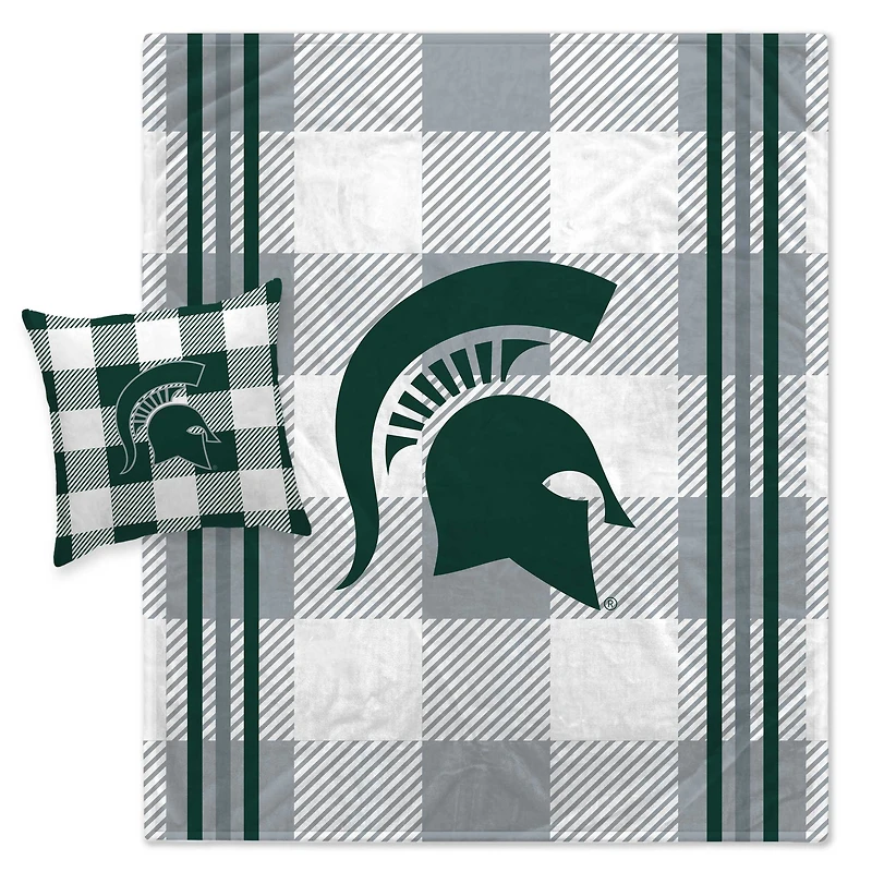 Ensemble combiné couverture et oreiller à carreaux gris Pegasus Michigan State Spartans