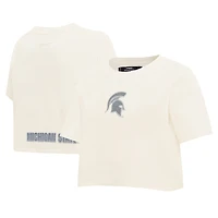 Women's Pro Standard Cream Michigan State Spartans Reverse French Terry Boxy Cropped T-Shirt