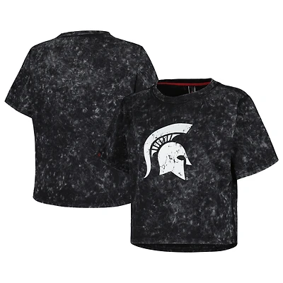 T-shirt court en soie laiteuse à délavage vintage Michigan State Spartans pour femme, noir