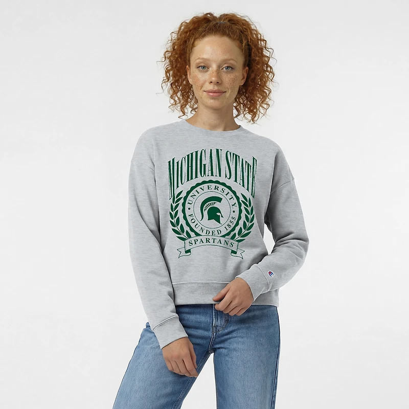 Women's Champion Heather Gray Michigan State Spartans Academic Crest Powerblend Crewneck Sweatshirt