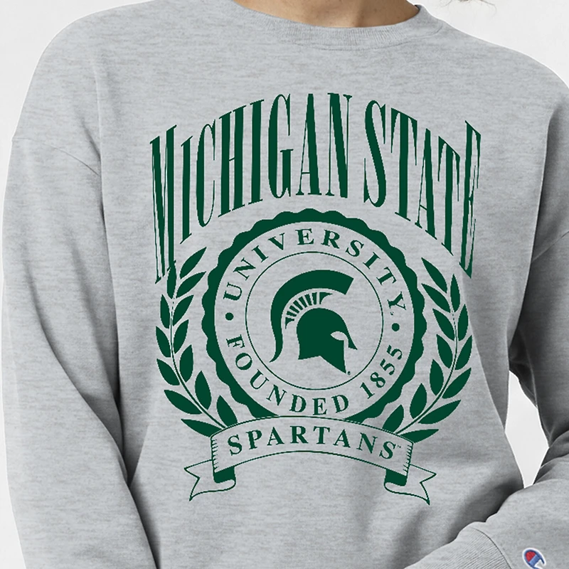 Sweat-shirt à col rond Powerblend gris chiné pour femme, emblème académique des Spartans de l'Université d'État du Michigan