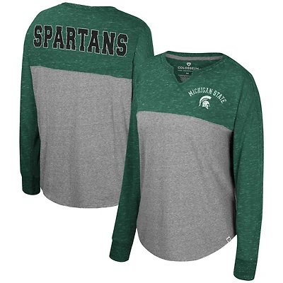 T-shirt surdimensionné à manches longues tri-mélange Colosseum pour femmes gris chiné/vert Michigan State Spartans Jelly of the Month