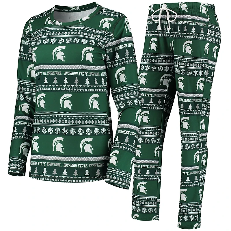 Women's Concepts Sport Green Michigan State Spartans Holiday Long Sleeve Top & Pants Sleep Set