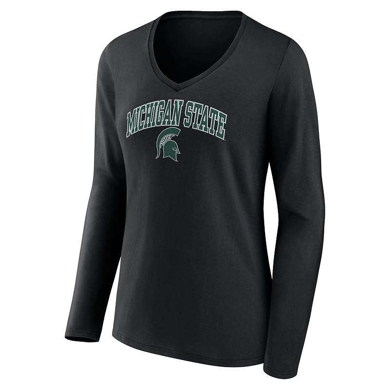 T-shirt à manches longues et col en V pour femme Fanatics Black Michigan State Spartans Campus