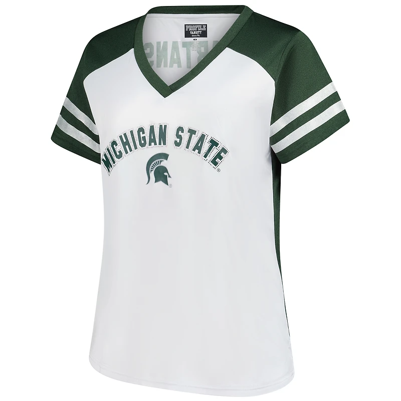 T-shirt blanc à rayures et col en V pour femme, motif fanatiques des Spartans de l'État du Michigan, grande taille, avec manches pailletées strass