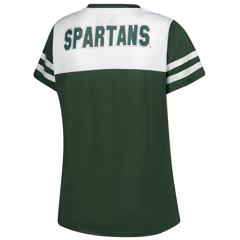T-shirt blanc à rayures et col en V pour femme, motif fanatiques des Spartans de l'État du Michigan, grande taille, avec manches pailletées strass