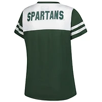 T-shirt blanc à rayures et col en V pour femme, motif fanatiques des Spartans de l'État du Michigan, grande taille, avec manches pailletées strass