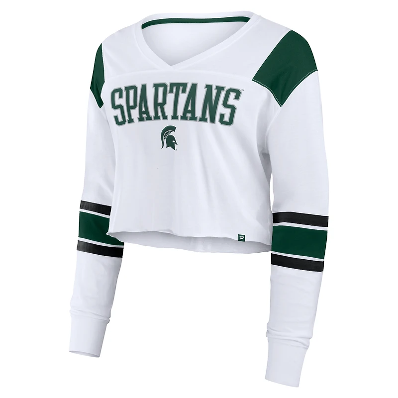 Women's Fanatics White Michigan State Spartans Training Camp Cropped Long Sleeve V-Neck Fashion Top