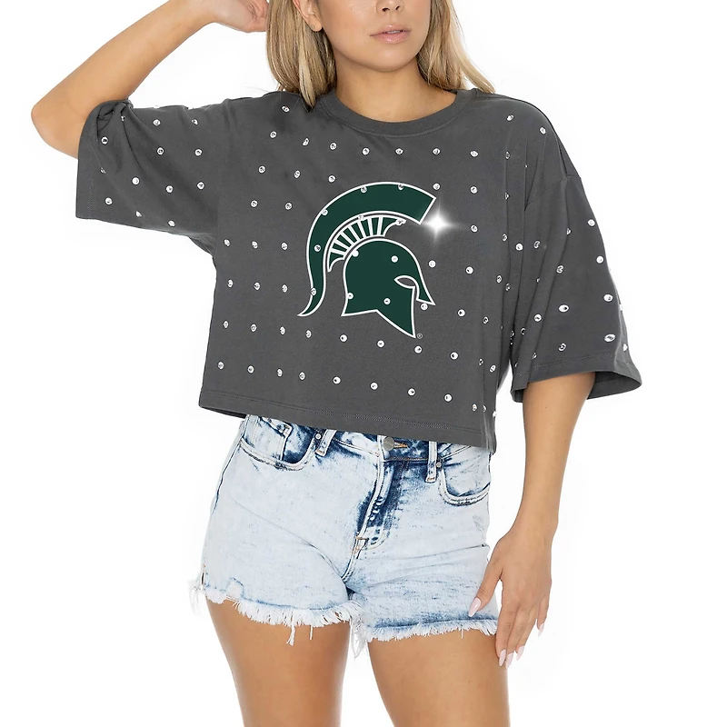 T-shirt court à strass pour femme Gameday Couture gris Michigan State Spartans Go Time