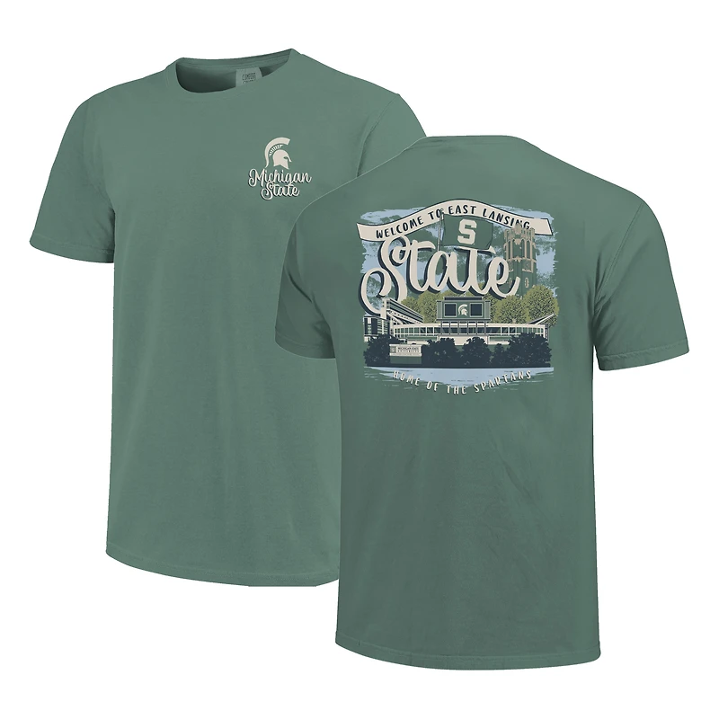 T-shirt vert pour femme des Spartans de l'État du Michigan, couleurs confortables, motif scène campus, dessin script
