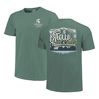 T-shirt vert pour femme des Spartans de l'État du Michigan, couleurs confortables, motif scène campus, dessin script