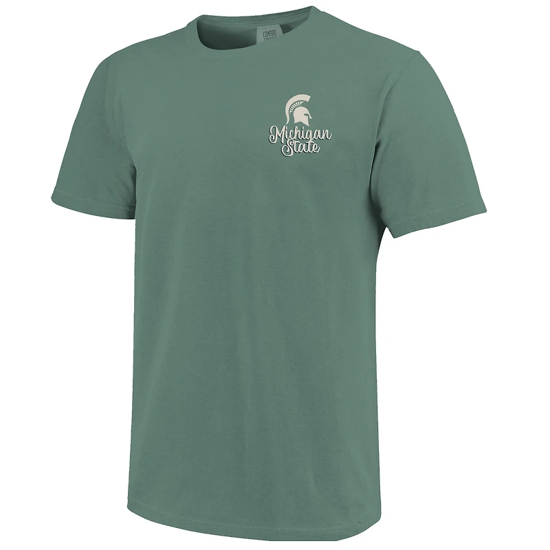 T-shirt vert pour femme des Spartans de l'État du Michigan, couleurs confortables, motif scène campus, dessin script