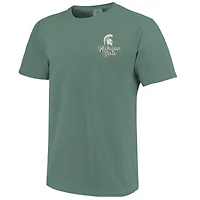 T-shirt vert pour femme des Spartans de l'État du Michigan, couleurs confortables, motif scène campus, dessin script