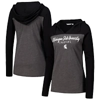 Women's Heather Charcoal Michigan State Spartans Knockout Color Block Hooded V-Neck Long Sleeve T-Shirt