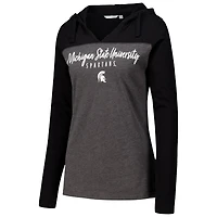 Women's Heather Charcoal Michigan State Spartans Knockout Color Block Hooded V-Neck Long Sleeve T-Shirt