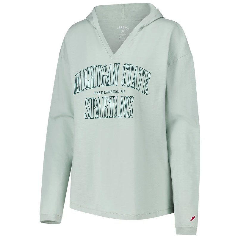 Women's League Collegiate Wear Green Michigan State Spartans Slub Long Sleeve V-Neck Hoodie T-Shirt