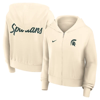 Sweat à capuche court Nike crème Michigan State Spartans pour femme avec fermeture éclair intégrale