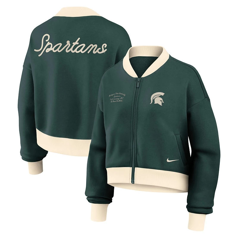 Women's Nike Green Michigan State Spartans Oversized Academic Cropped Full-Zip Bomber Jacket