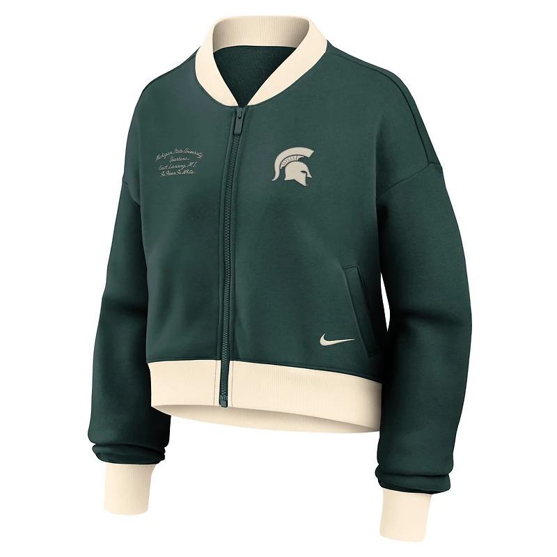 Women's Nike Green Michigan State Spartans Oversized Academic Cropped Full-Zip Bomber Jacket