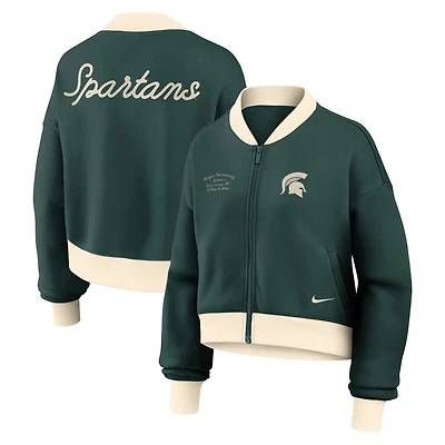 Women's Nike Green Michigan State Spartans Oversized Academic Cropped Full-Zip Bomber Jacket