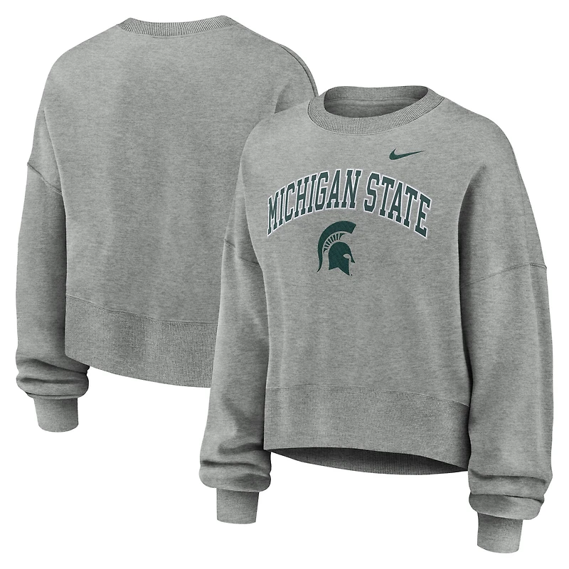 Women's Nike Heather Gray Michigan State Spartans Oversized Phoenix Arch Pullover Sweatshirt