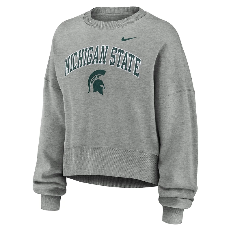 Women's Nike Heather Gray Michigan State Spartans Oversized Phoenix Arch Pullover Sweatshirt