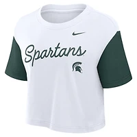 T-shirt court Nike Dri-FIT blanc/vert pour femme, motif color-block et inscription Michigan State Spartans