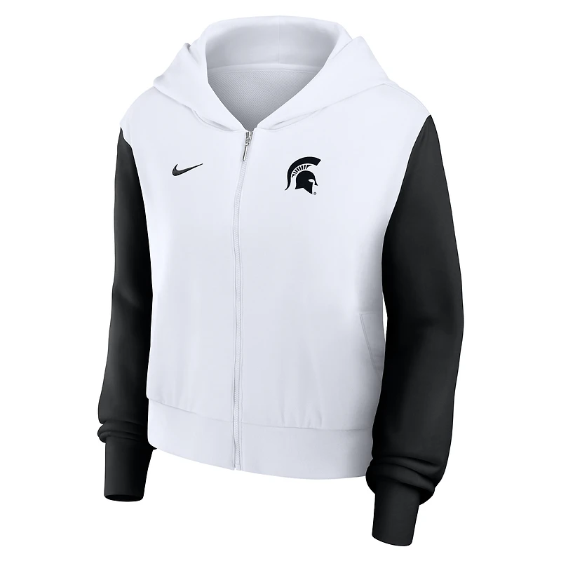 Women's Nike White Michigan State Spartans Cropped Color-Block Script Full-Zip Hoodie