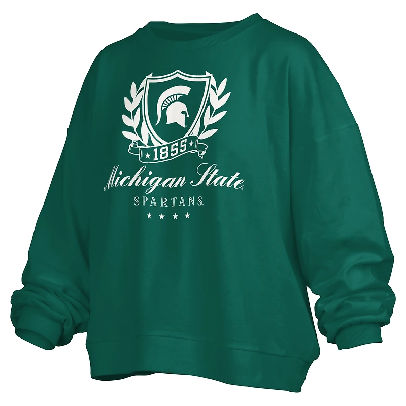 Women's Pressbox Green Michigan State Spartans Big Aug Script Janice Oversized Pullover Sweatshirt