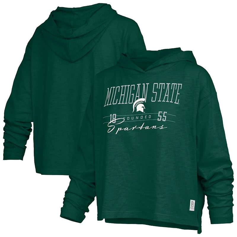Women's Pressbox  Green Michigan State Spartans Castillo Slub Waist Length Long Sleeve Hooded T-Shirt