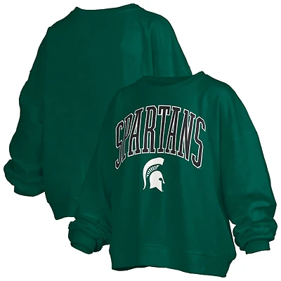 Sweat-shirt surdimensionné vert pour femme avec logo Janise Arch Over des Spartans de l'État du Michigan, longueur à la taille