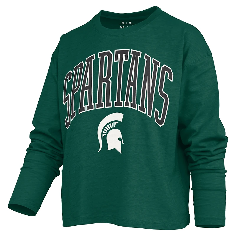 T-shirt à manches longues et coupe carrée pour femme, style Pressbox Green, Michigan State Spartans.