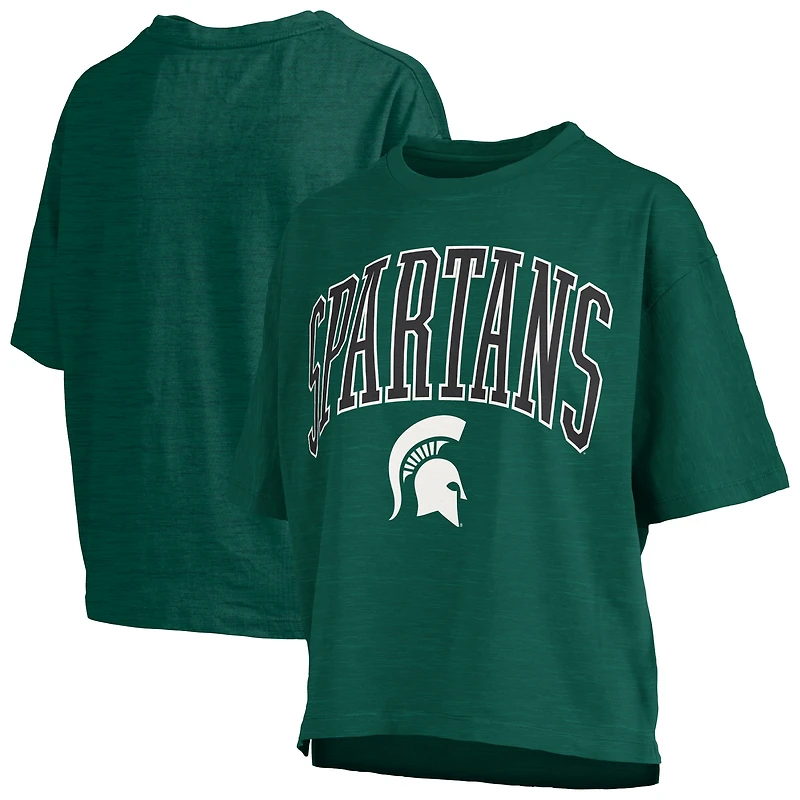 T-shirt surdimensionné vert pour femme avec logo Arch des Spartans de l'État du Michigan, longueur à la taille
