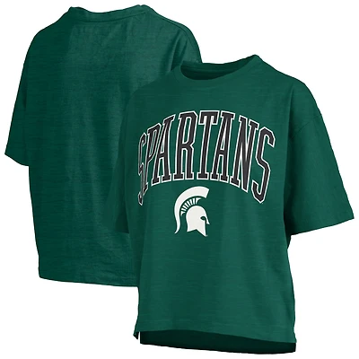 T-shirt surdimensionné vert pour femme avec logo Arch des Spartans de l'État du Michigan, longueur à la taille