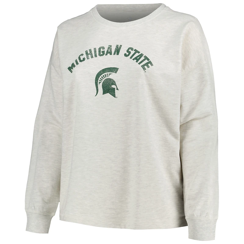Women's Profile Oatmeal Michigan State Spartans Plus Distressed Arch Over Logo Neutral Boxy Pullover Sweatshirt