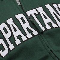 Sweat à capuche zippé vert athlétique pour femme, modèle Stadium Athletic des Spartans de l'Université d'État du Michigan, avec nom en arc cercle.
