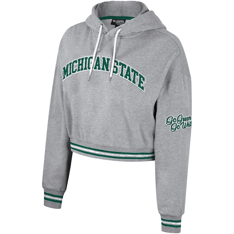 Women's The Wild Collective Heather Gray Michigan State Spartans Cropped Shimmer Pullover Hoodie