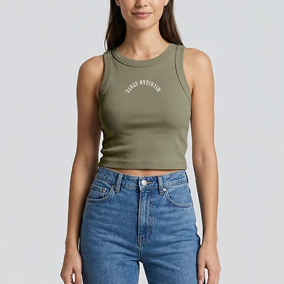 Women's Uscape Apparel Green Michigan State Spartans Upside Down Embroidery Ribbed Cropped Tank Top