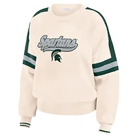 Women's WEAR by Erin Andrews  Cream Michigan State Spartans Chenille Woven Patch Stripe Pullover Sweater