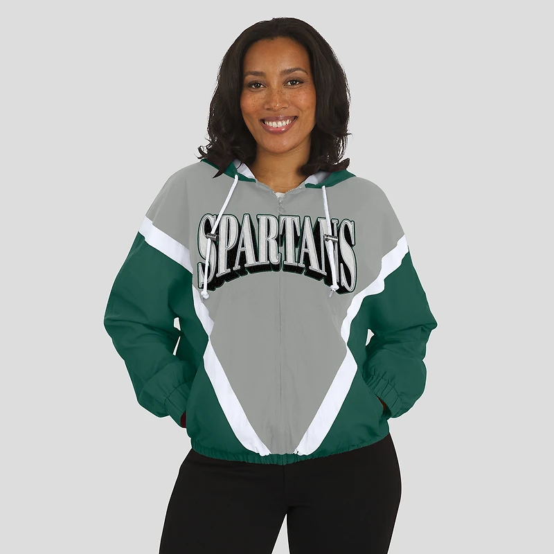 Veste coupe-vent à capuche entièrement zippée et colorblock verte/grise Michigan State Spartans pour femme par Erin Andrews