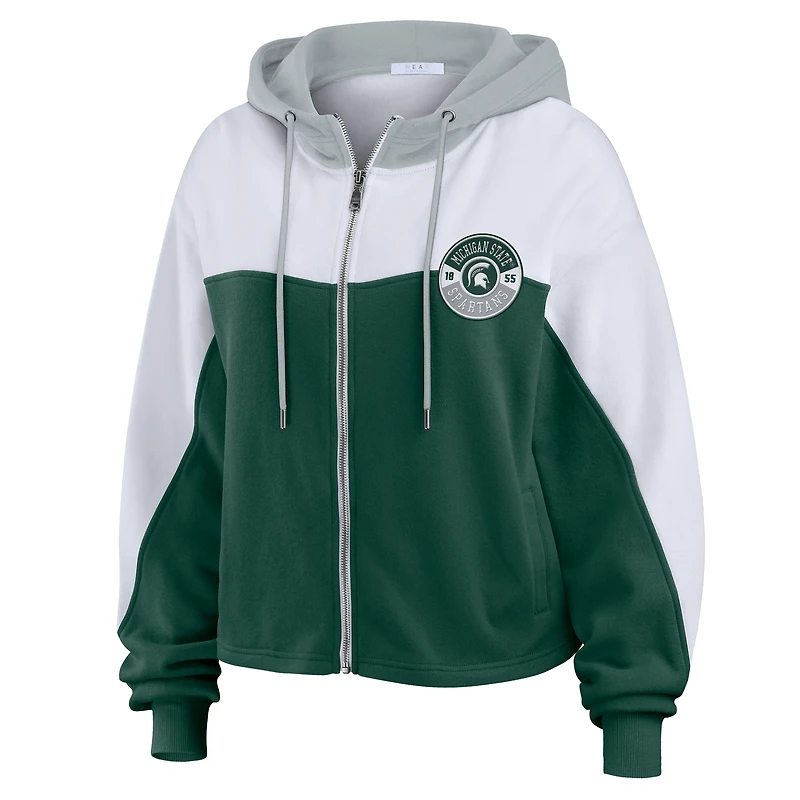 Women's WEAR by Erin Andrews Green Michigan State Spartans Color-Block Full-Zip Hoodie