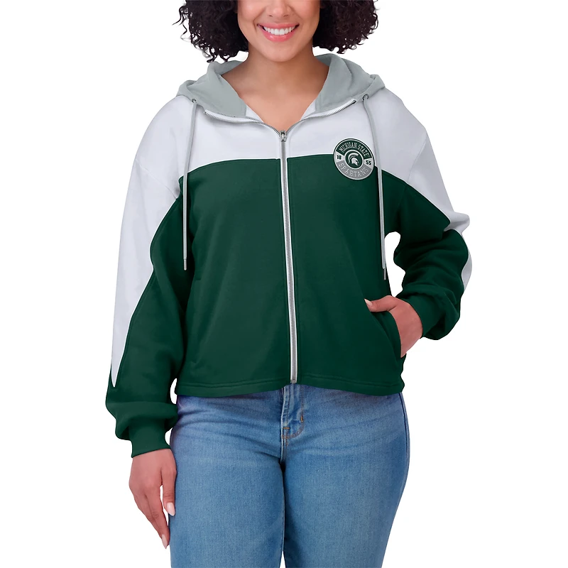 Women's WEAR by Erin Andrews Green Michigan State Spartans Color-Block Full-Zip Hoodie