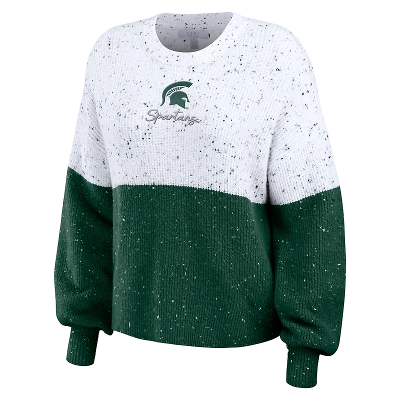 Women's WEAR by Erin Andrews White/Green Michigan State Spartans Colorblock Script Pullover Sweater